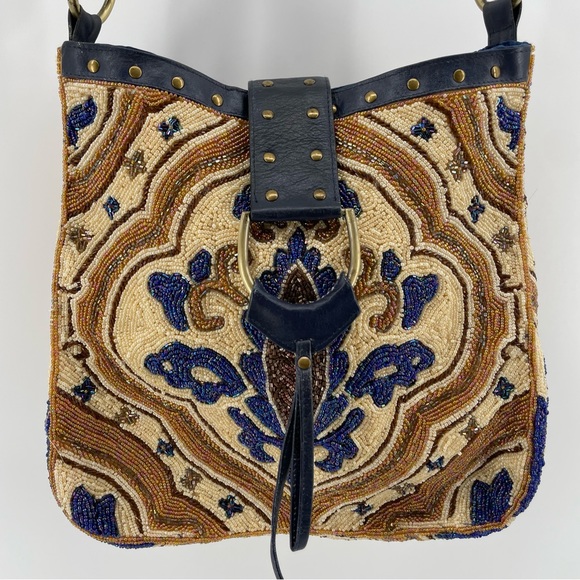 Christiana NWT Ivory/Blue Unique Bohemian Beaded Tapestry Shoulder Bag - Picture 3 of 12